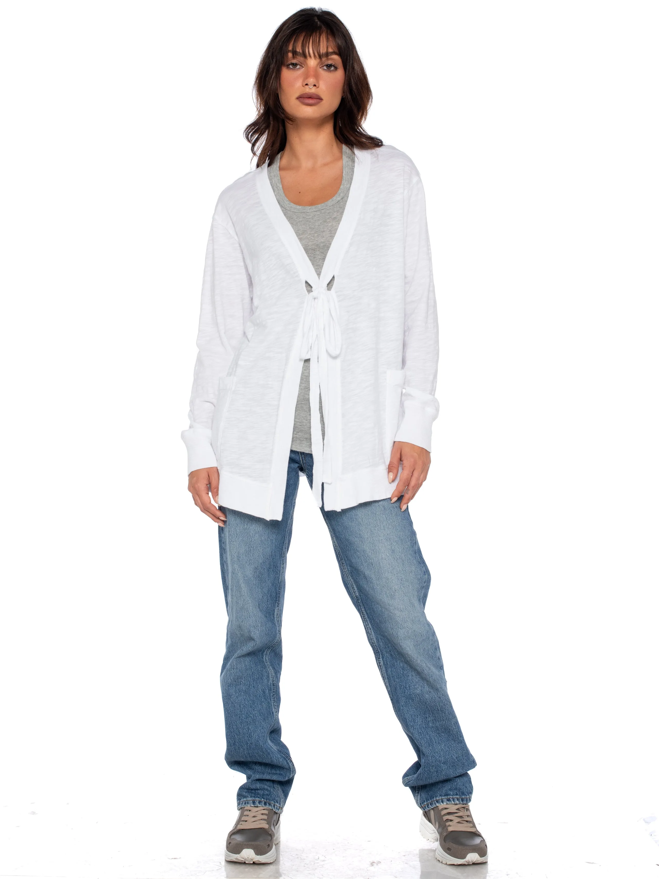 Tie Front Long Sleeve Mix Rib Cardigan