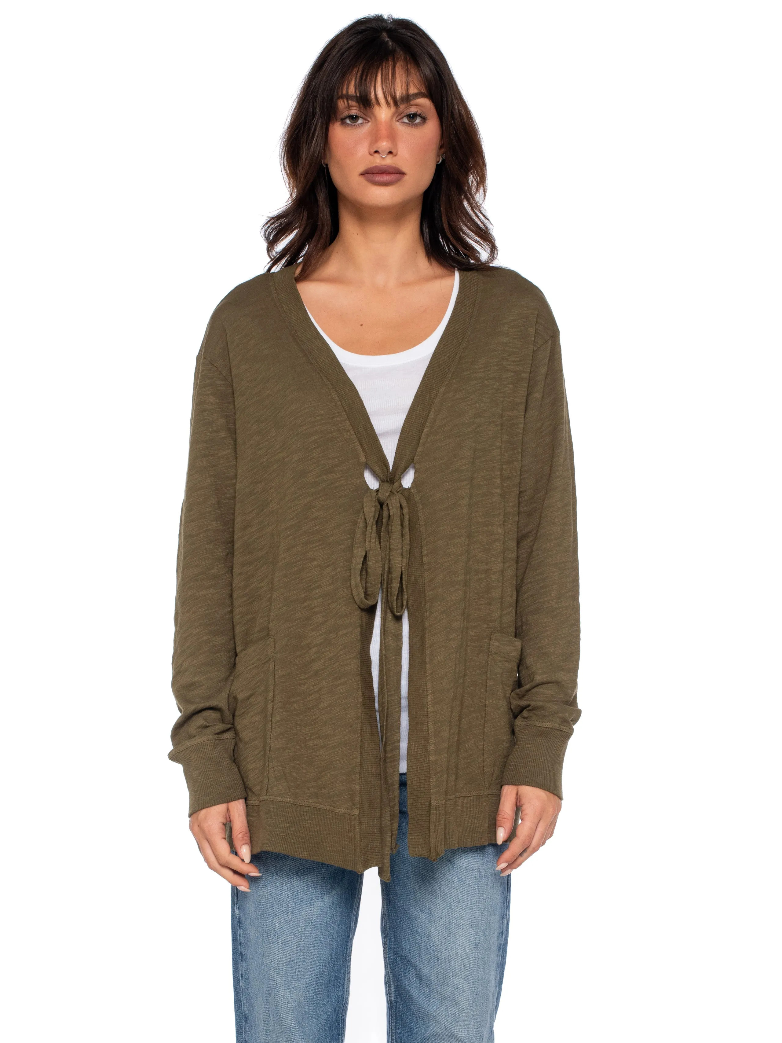 Tie Front Long Sleeve Mix Rib Cardigan