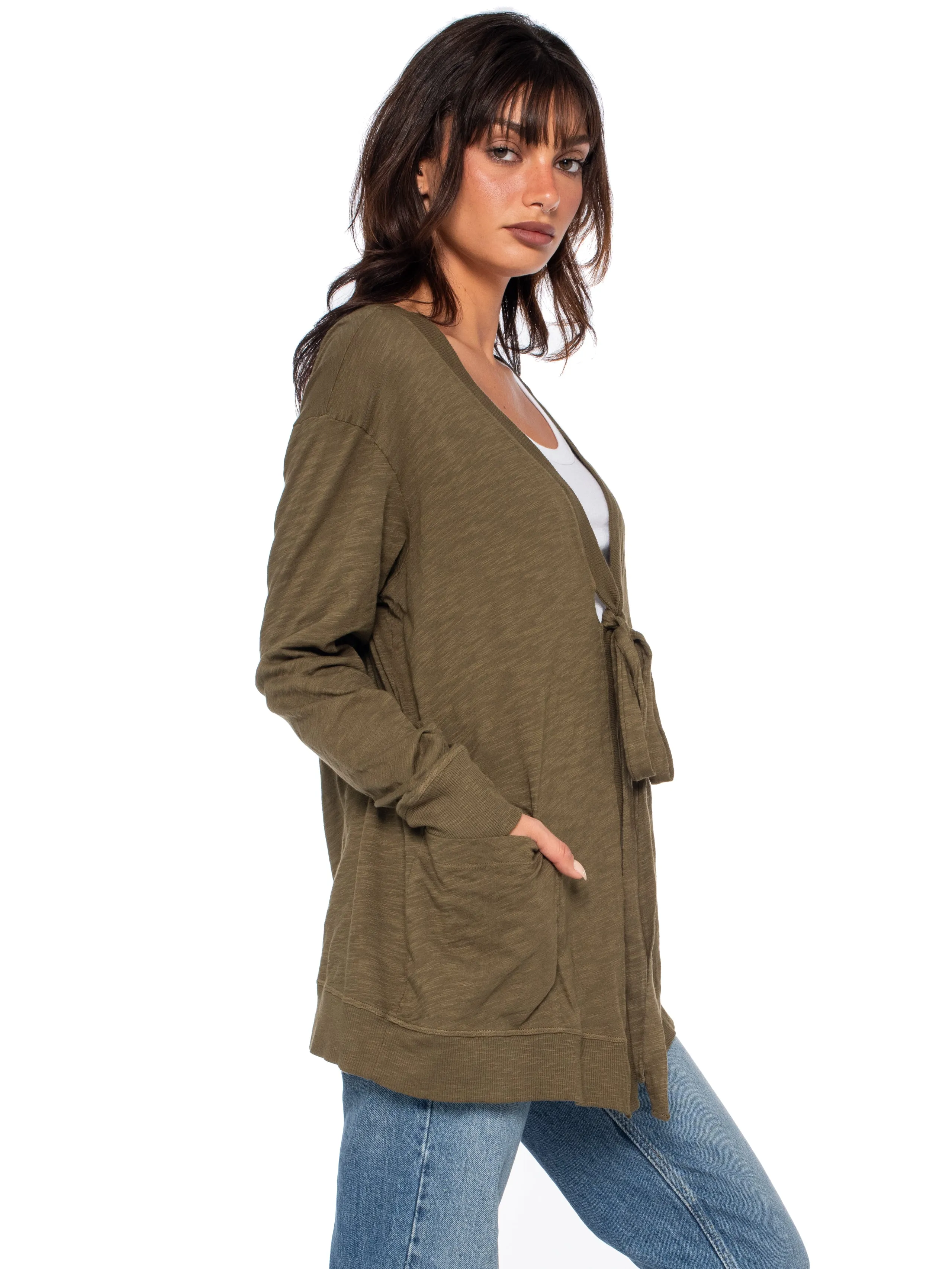 Tie Front Long Sleeve Mix Rib Cardigan