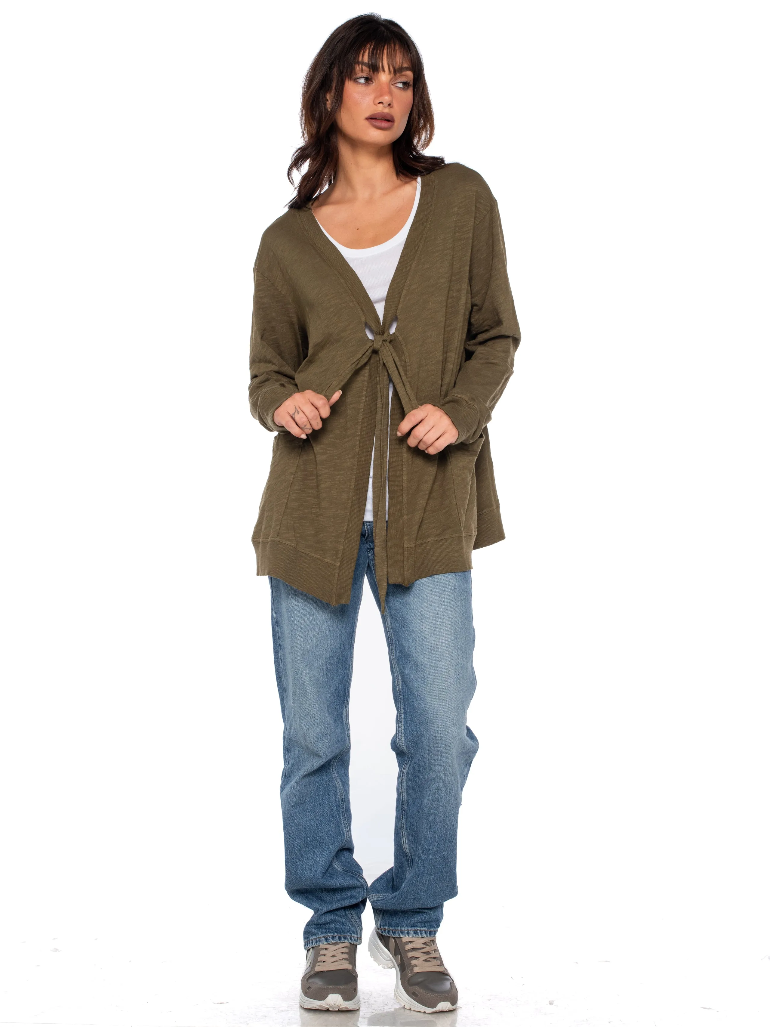 Tie Front Long Sleeve Mix Rib Cardigan
