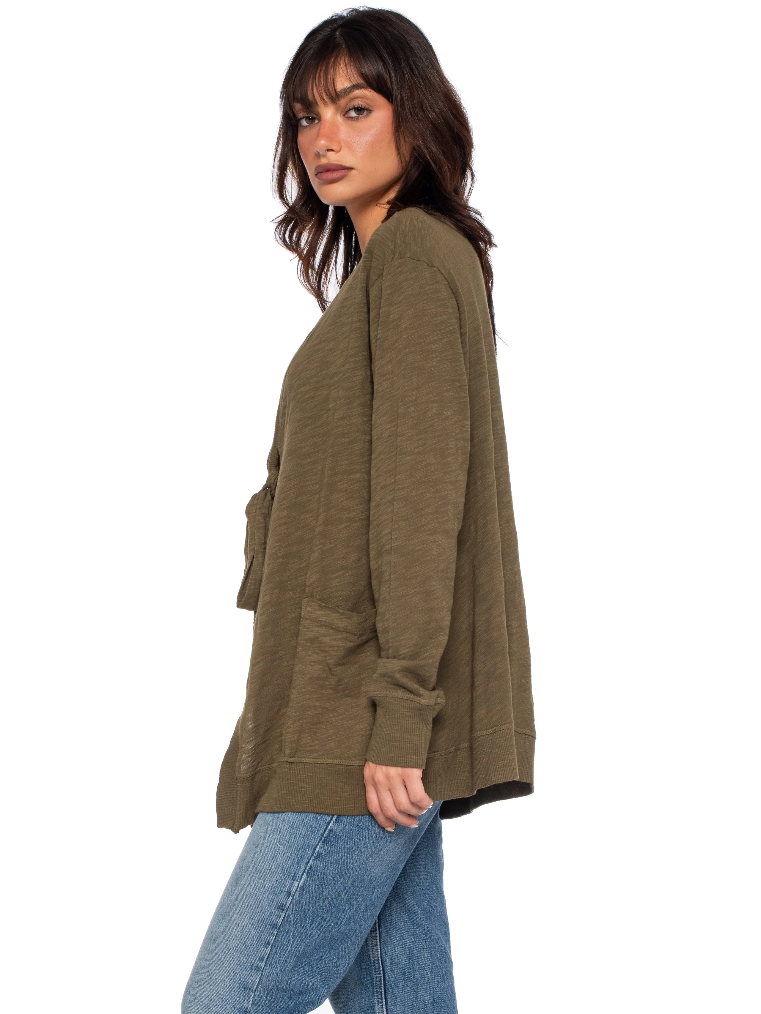 Tie Front Long Sleeve Mix Rib Cardigan