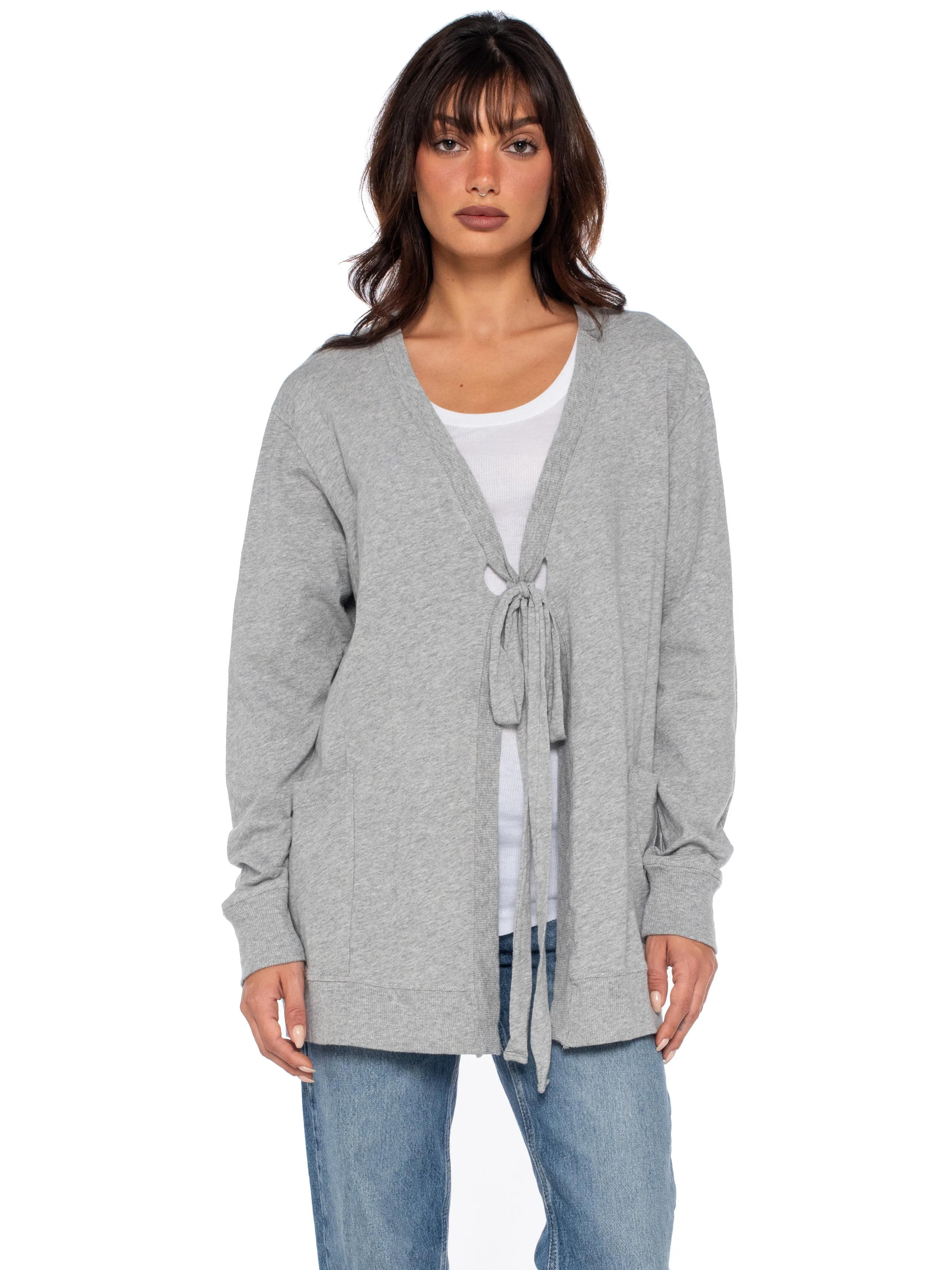 Tie Front Long Sleeve Mix Rib Cardigan