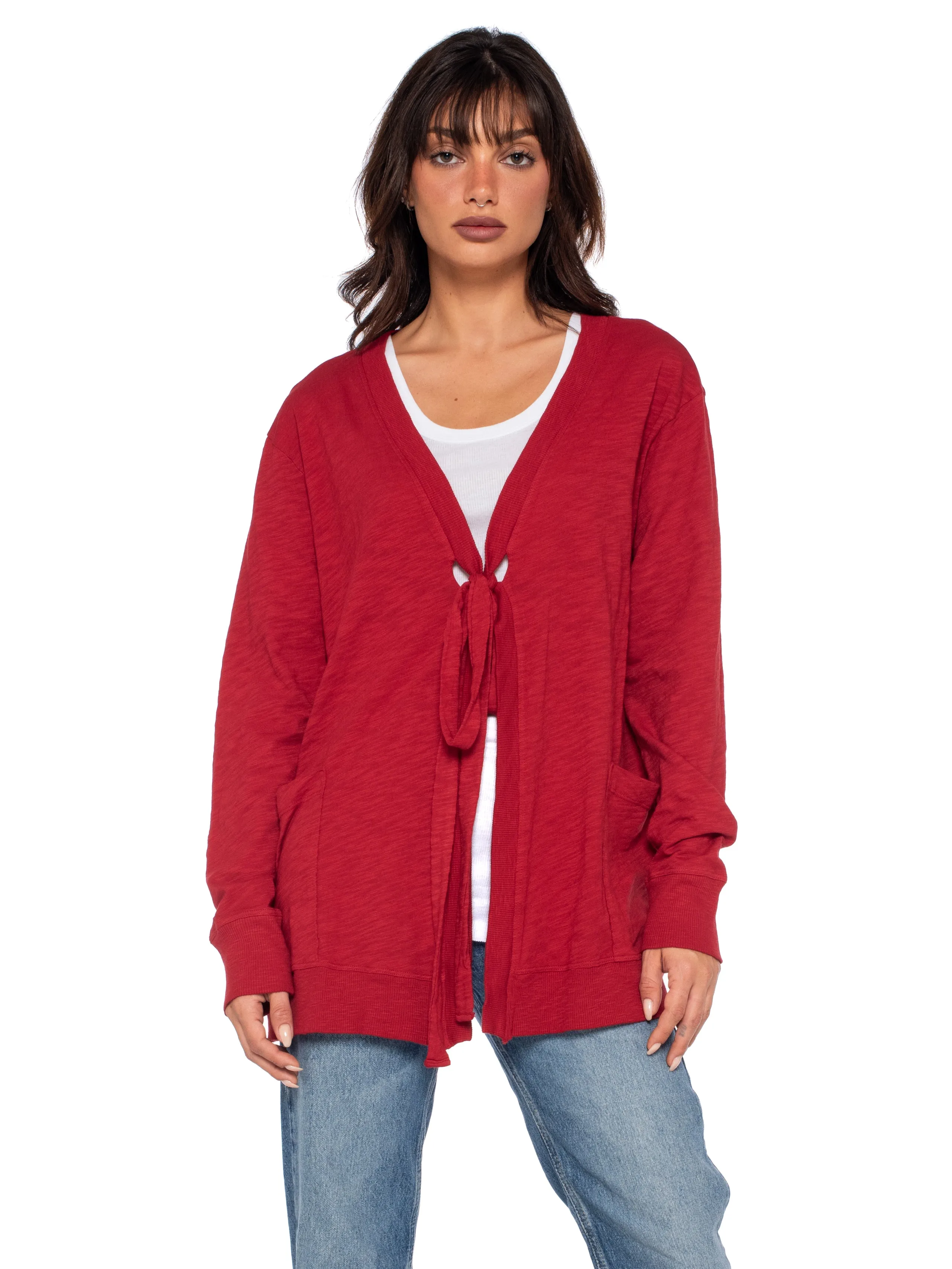 Tie Front Long Sleeve Mix Rib Cardigan