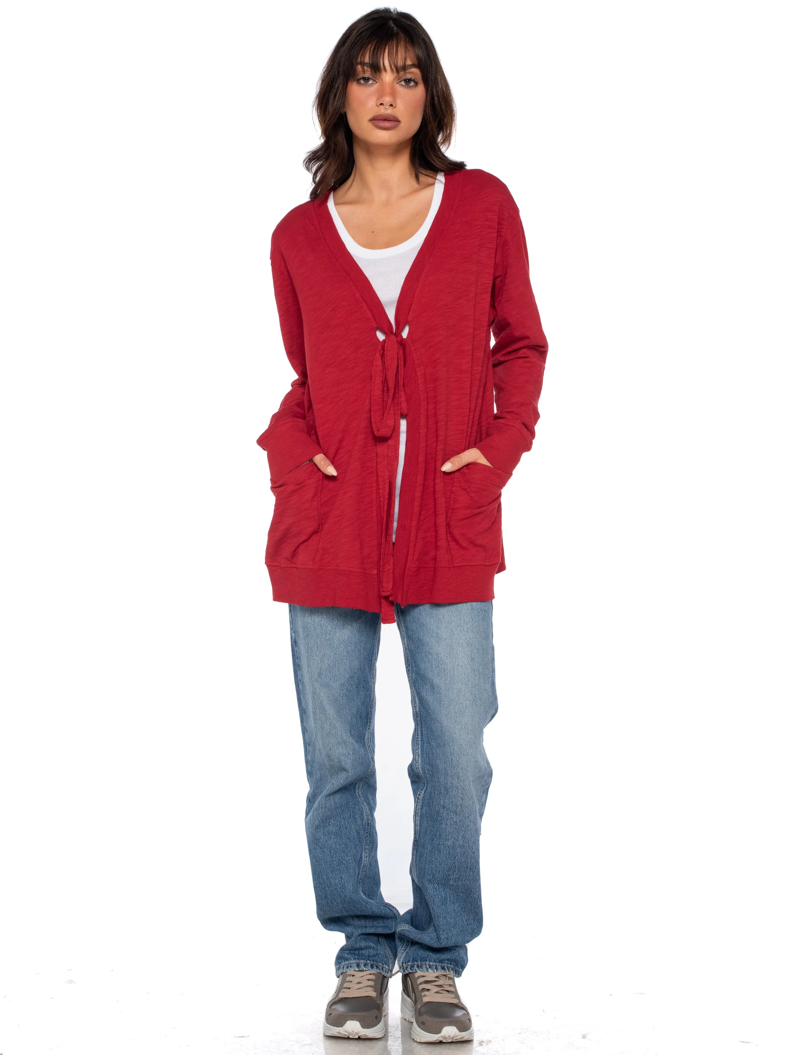 Tie Front Long Sleeve Mix Rib Cardigan