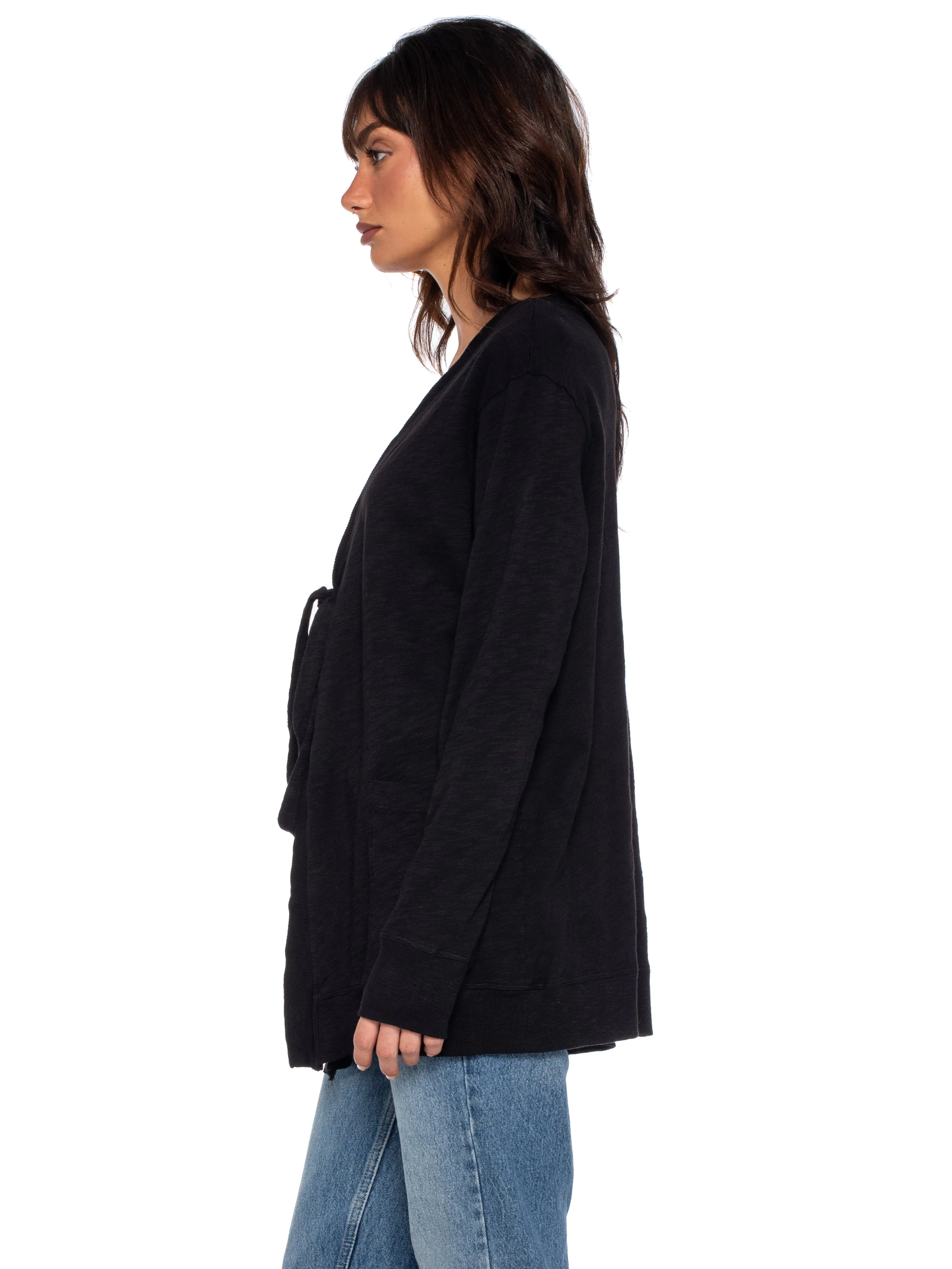 Tie Front Long Sleeve Mix Rib Cardigan