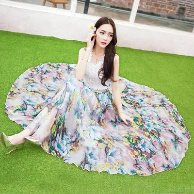 TingYiLi Long Floral Skirts Womens Holiday Beach Boho Skirt Summer Long Skirts Elegant Ladies Maxi Chiffon Skirt 8M Big Swing