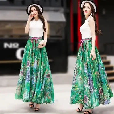 TingYiLi Long Floral Skirts Womens Holiday Beach Boho Skirt Summer Long Skirts Elegant Ladies Maxi Chiffon Skirt 8M Big Swing