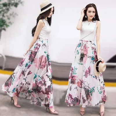 TingYiLi Long Floral Skirts Womens Holiday Beach Boho Skirt Summer Long Skirts Elegant Ladies Maxi Chiffon Skirt 8M Big Swing