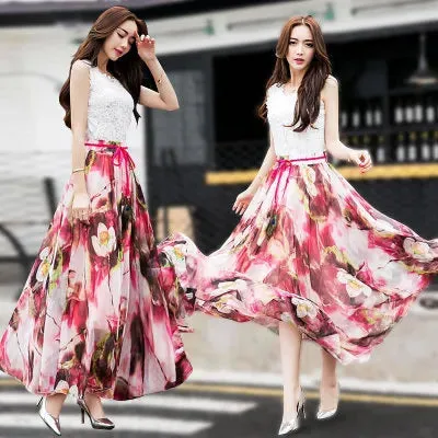 TingYiLi Long Floral Skirts Womens Holiday Beach Boho Skirt Summer Long Skirts Elegant Ladies Maxi Chiffon Skirt 8M Big Swing