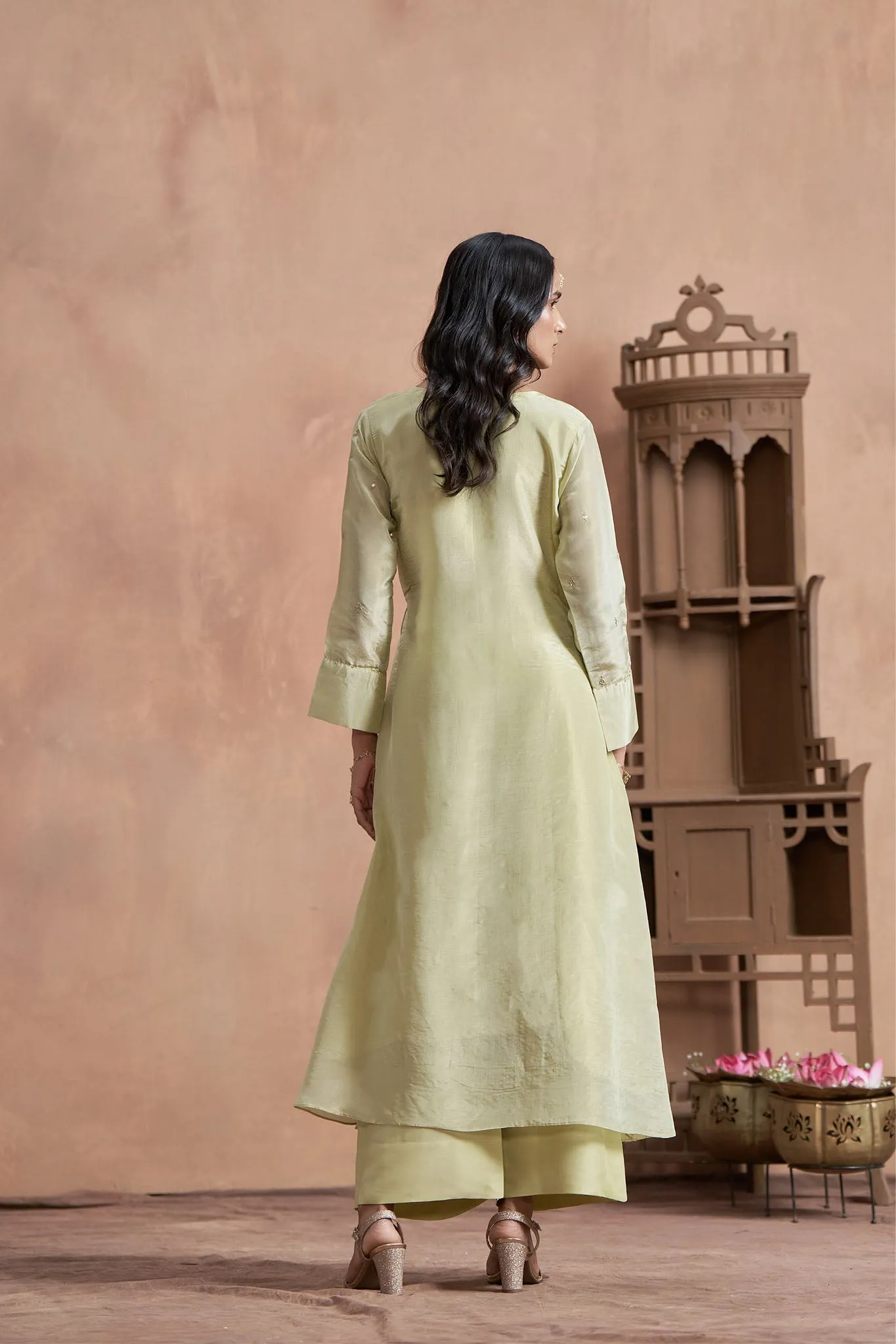 Tissue Shimmer Pista Angrakha Kurta Set
