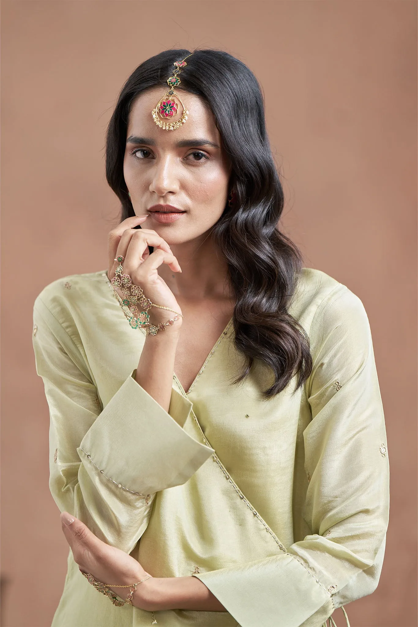 Tissue Shimmer Pista Angrakha Kurta Set