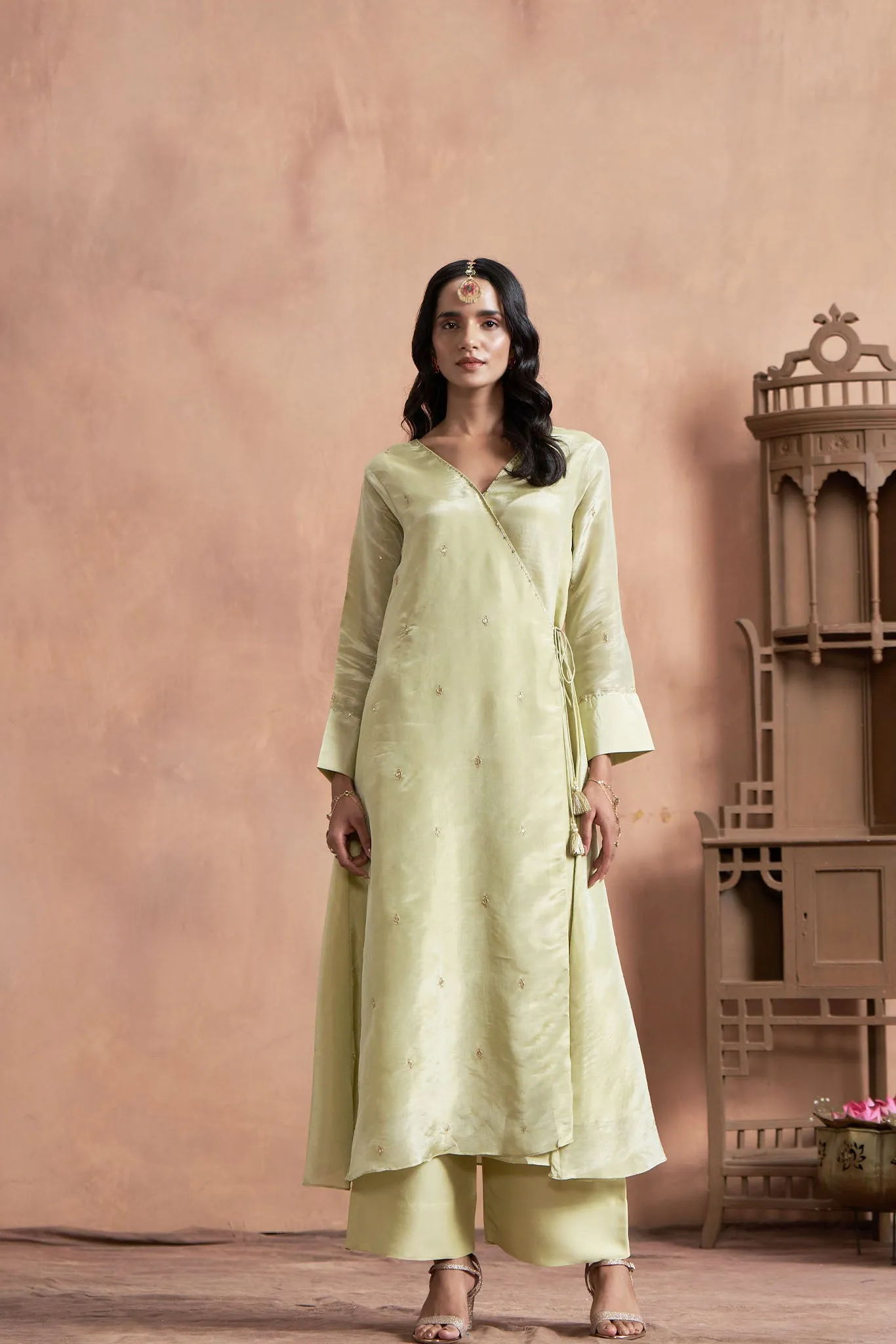 Tissue Shimmer Pista Angrakha Kurta Set