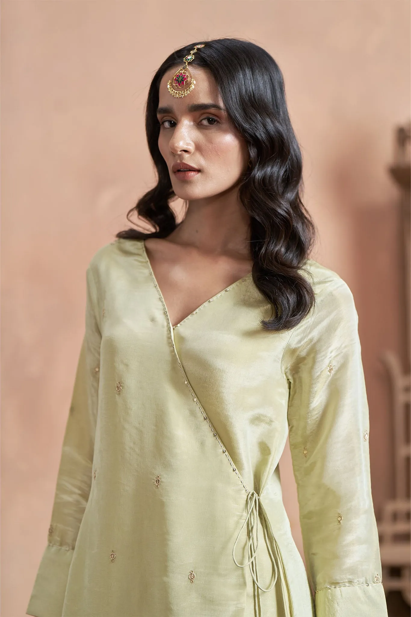 Tissue Shimmer Pista Angrakha Kurta Set