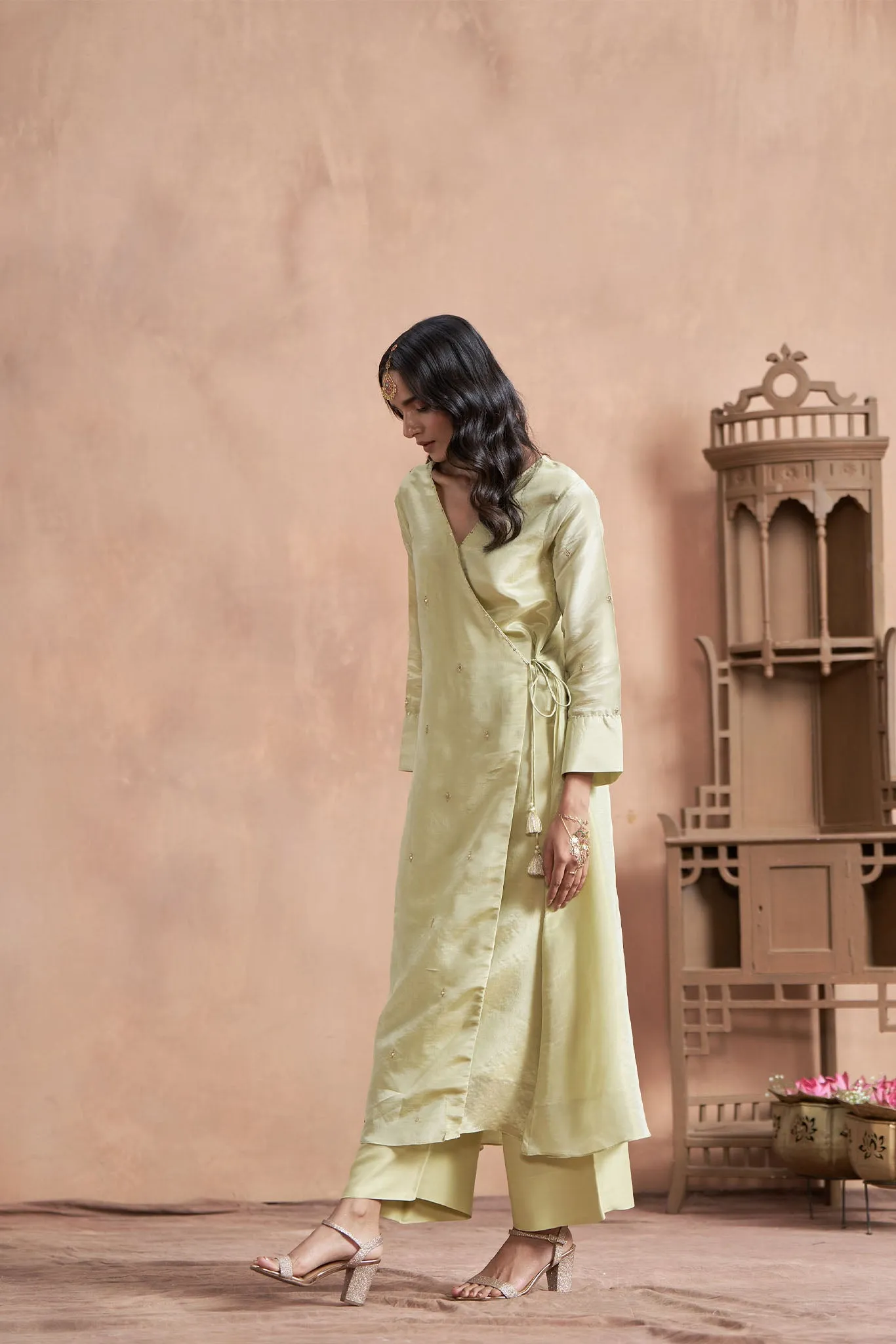 Tissue Shimmer Pista Angrakha Kurta Set