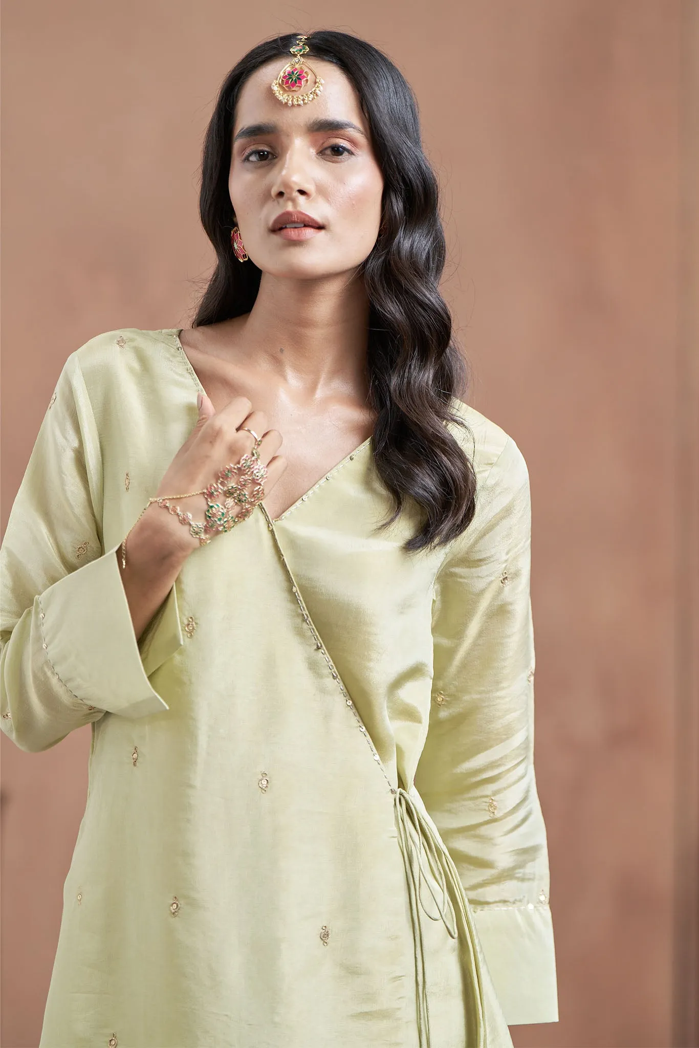 Tissue Shimmer Pista Angrakha Kurta Set