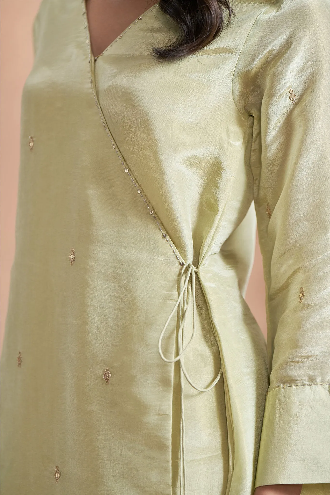 Tissue Shimmer Pista Angrakha Kurta Set