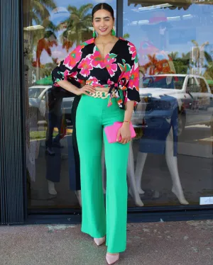 Touch Of Style Chain Embellished Palazzo Pants Green