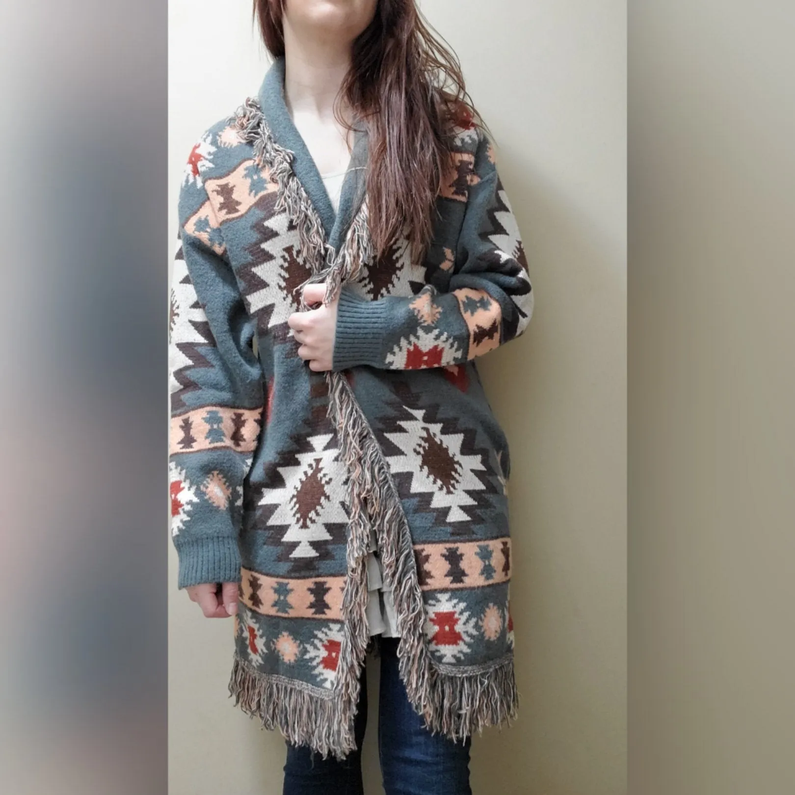 Tribal Print Fringe Cardigan