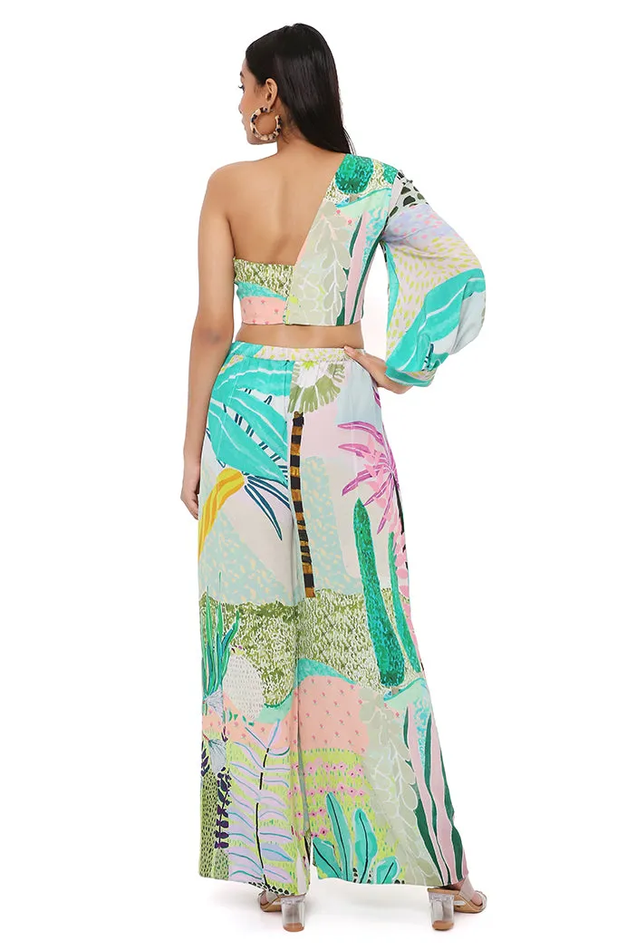 TROPICAL PRINT CREPE ONE SHOULDER TOP WITH PALAZZO