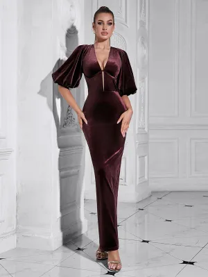 V Neck Mid Sleeve Carved Maxi Bodycon Dress HB10207