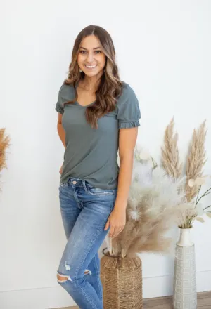 V Neck Ruffle Edge Top in Pine