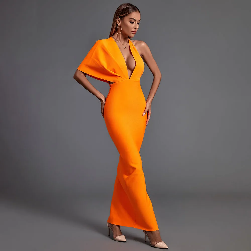 V Neck Short Sleeve Backless Maxi Bandage Dress
