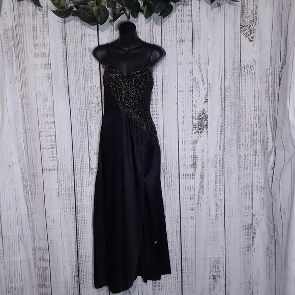 Vintage 80s silky black maxi nightgown w/ metallic gold floral lace trim &amp; slit
