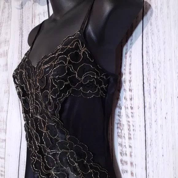 Vintage 80s silky black maxi nightgown w/ metallic gold floral lace trim &amp; slit