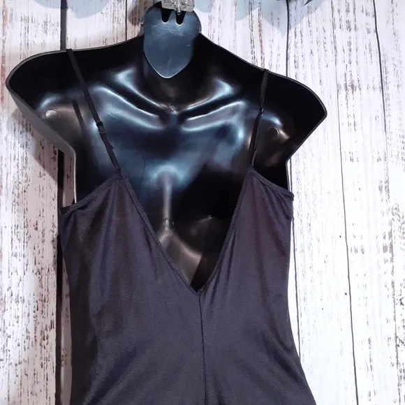 Vintage 80s silky black maxi nightgown w/ metallic gold floral lace trim &amp; slit