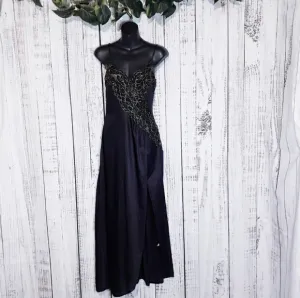 Vintage 80s silky black maxi nightgown w/ metallic gold floral lace trim &amp; slit