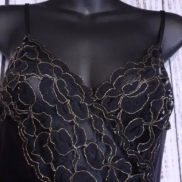 Vintage 80s silky black maxi nightgown w/ metallic gold floral lace trim &amp; slit