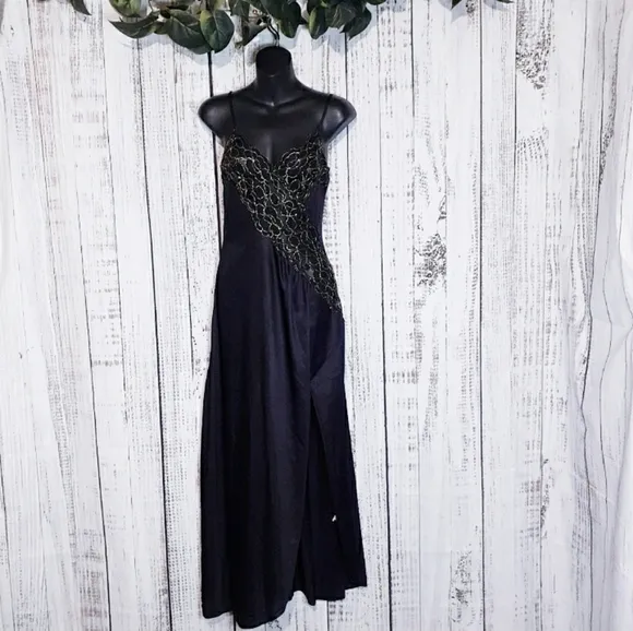 Vintage 80s silky black maxi nightgown w/ metallic gold floral lace trim &amp; slit