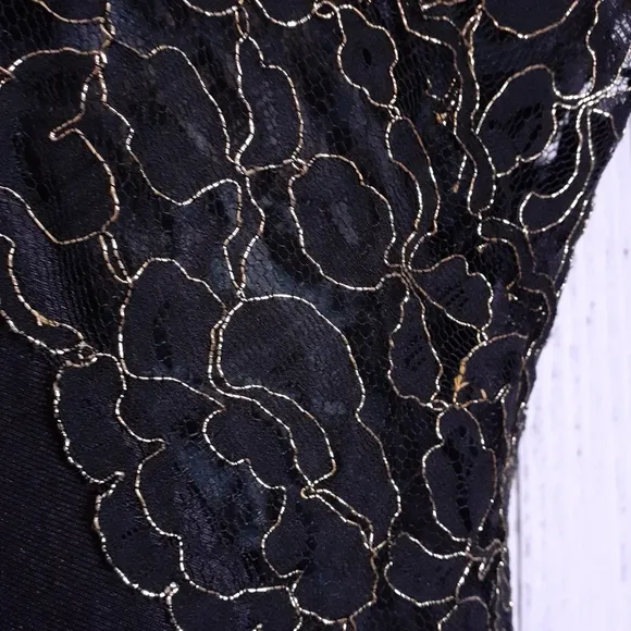 Vintage 80s silky black maxi nightgown w/ metallic gold floral lace trim &amp; slit