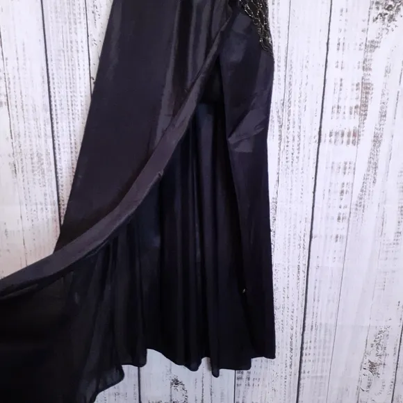 Vintage 80s silky black maxi nightgown w/ metallic gold floral lace trim &amp; slit