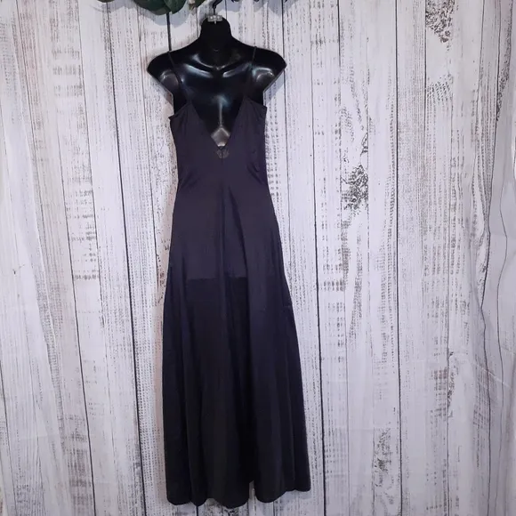 Vintage 80s silky black maxi nightgown w/ metallic gold floral lace trim &amp; slit