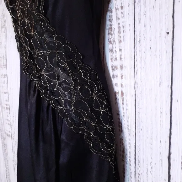 Vintage 80s silky black maxi nightgown w/ metallic gold floral lace trim &amp; slit
