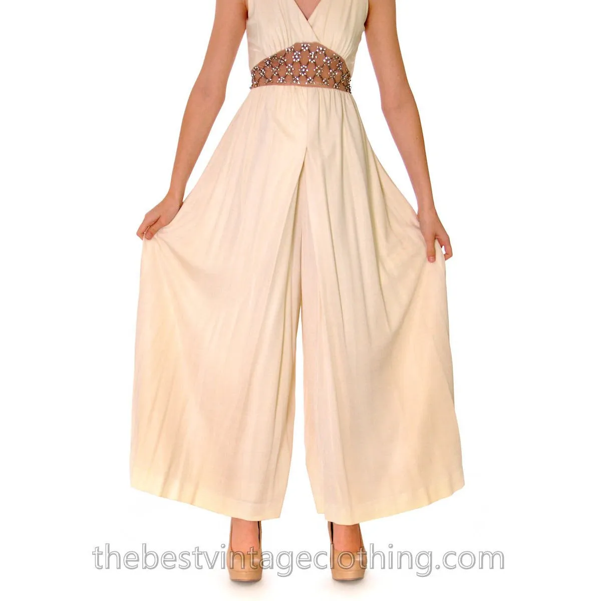 Vintage Palazzo Pants/Dress Nude Rhinestone Waistband Super 1960s Size Finish