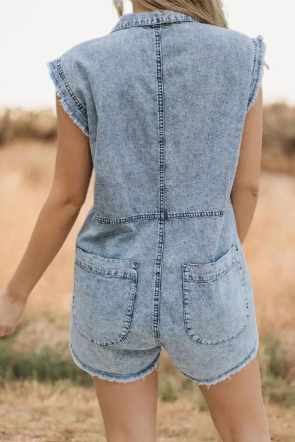 Vintage Washed Distressed Pocket Denim  Romper