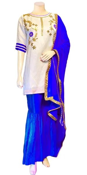 White & Blue Color Hand embroidered Kurti & Gharara Palazzo Pant with Dupatta set