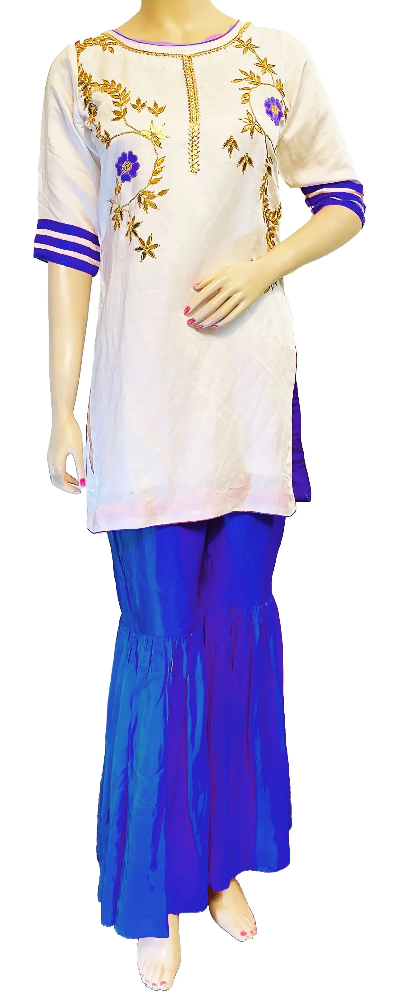 White & Blue Color Hand embroidered Kurti & Gharara Palazzo Pant with Dupatta set