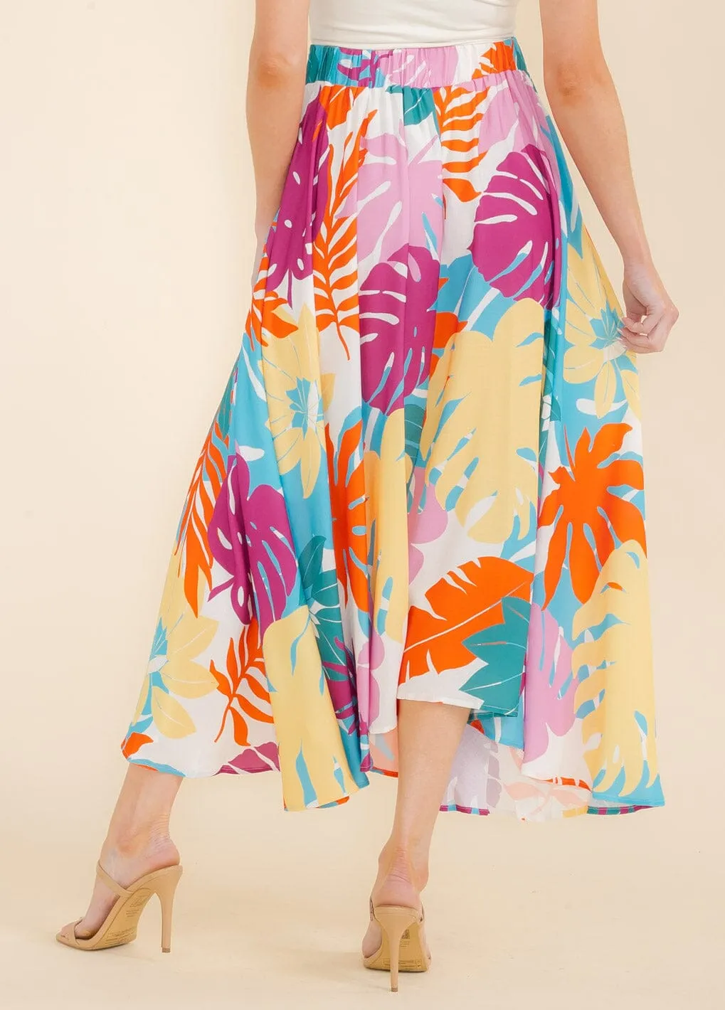 WOMEN'S ELASTIC WAIST LEAF PRINT MAXI SKIRT