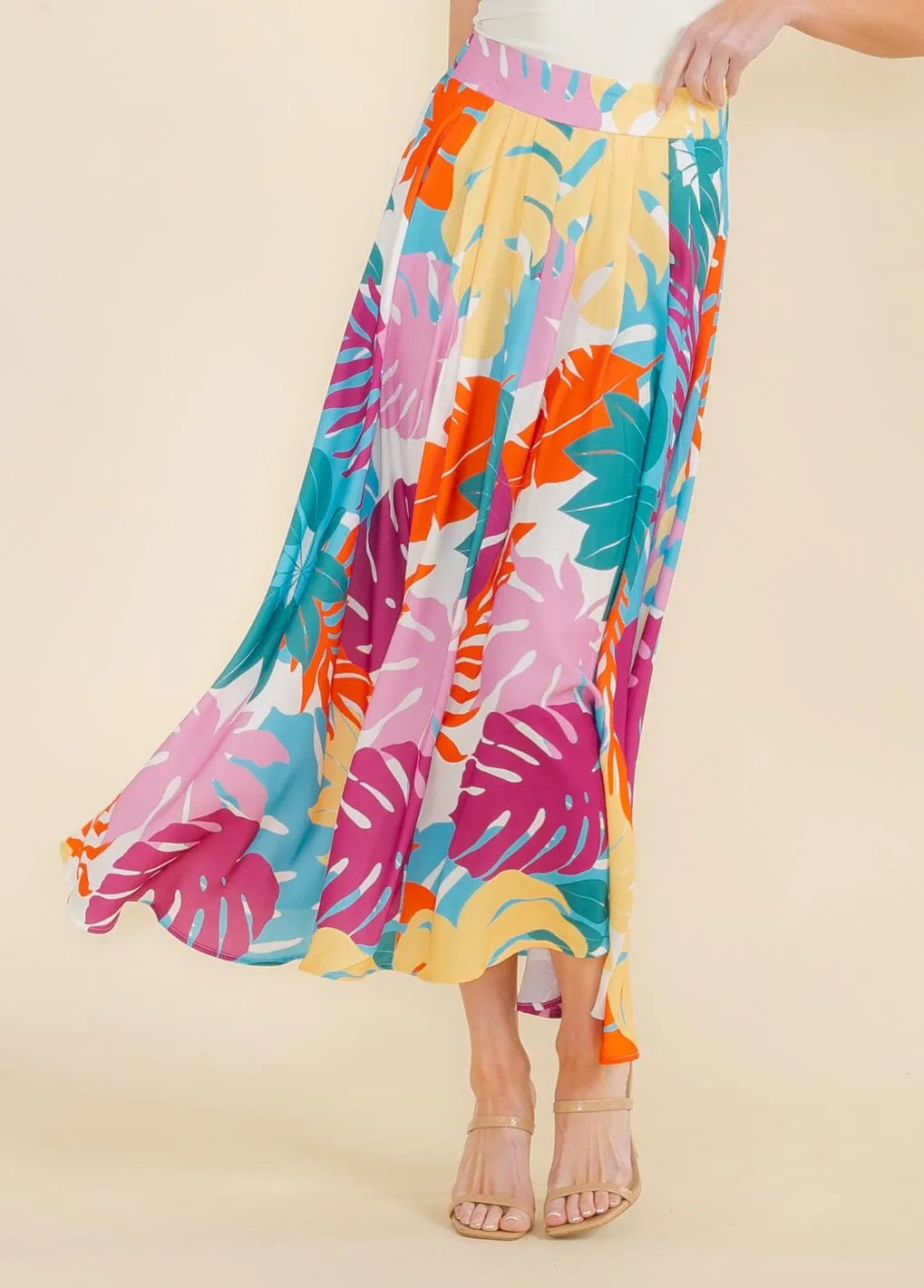 WOMEN'S ELASTIC WAIST LEAF PRINT MAXI SKIRT