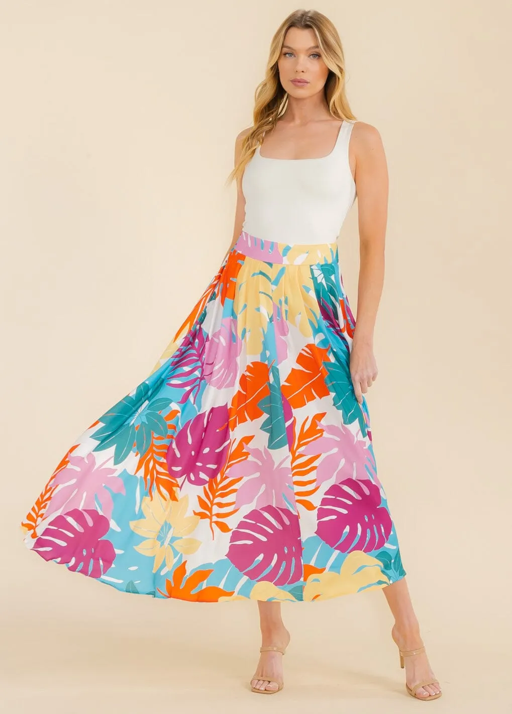 WOMEN'S ELASTIC WAIST LEAF PRINT MAXI SKIRT