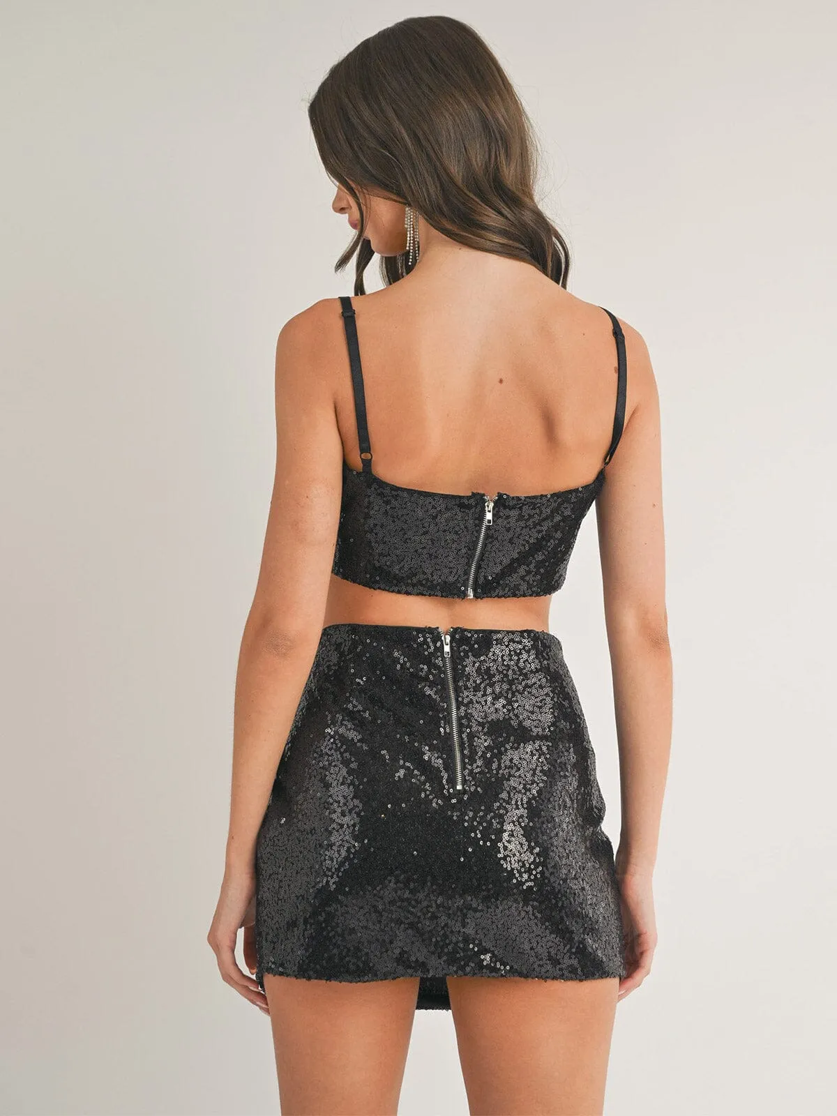 WOMEN'S SLEEVELESS CROP TOP & MINI SKIRT SEQUINS 2PC SET
