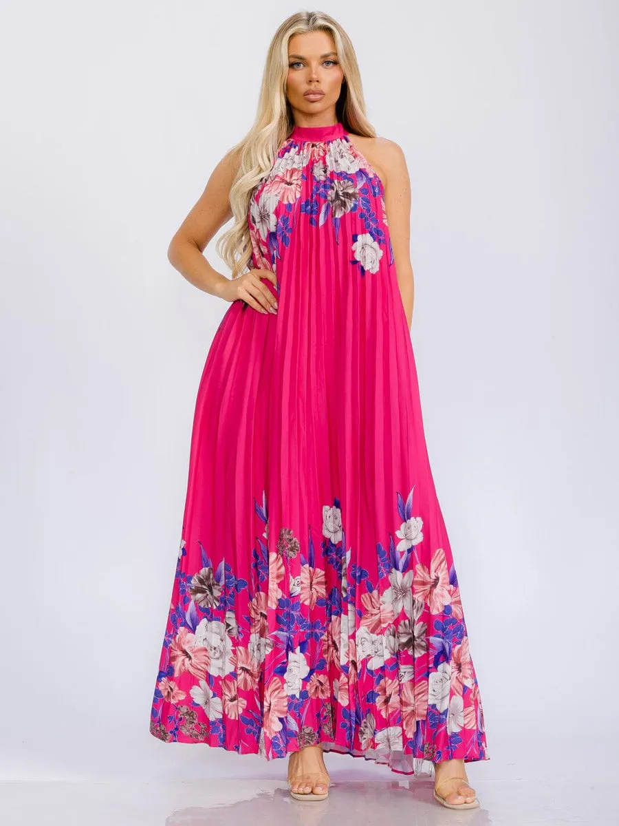 WOMEN'S SLEEVELESS HALTER NECK PLEATED FLORAL MAXI