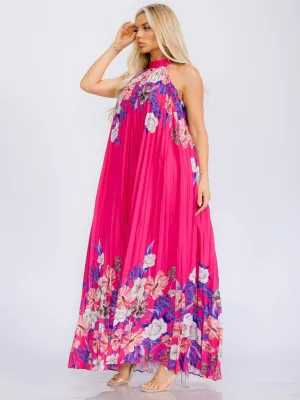 WOMEN'S SLEEVELESS HALTER NECK PLEATED FLORAL MAXI