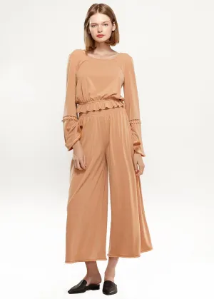 Women's Smocked Waist Wide Leg Palazzo Pants in Apricot