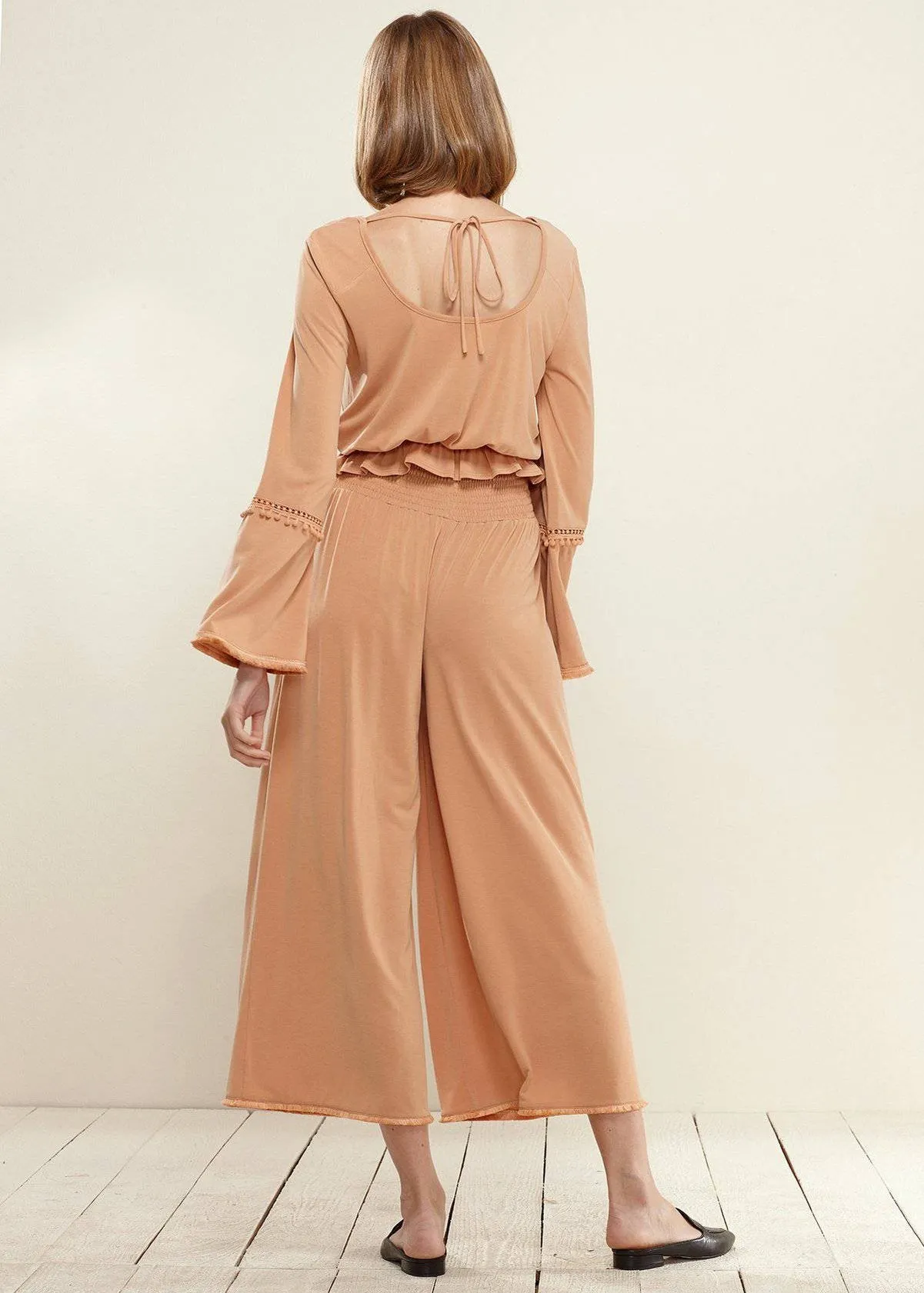Women's Smocked Waist Wide Leg Palazzo Pants in Apricot