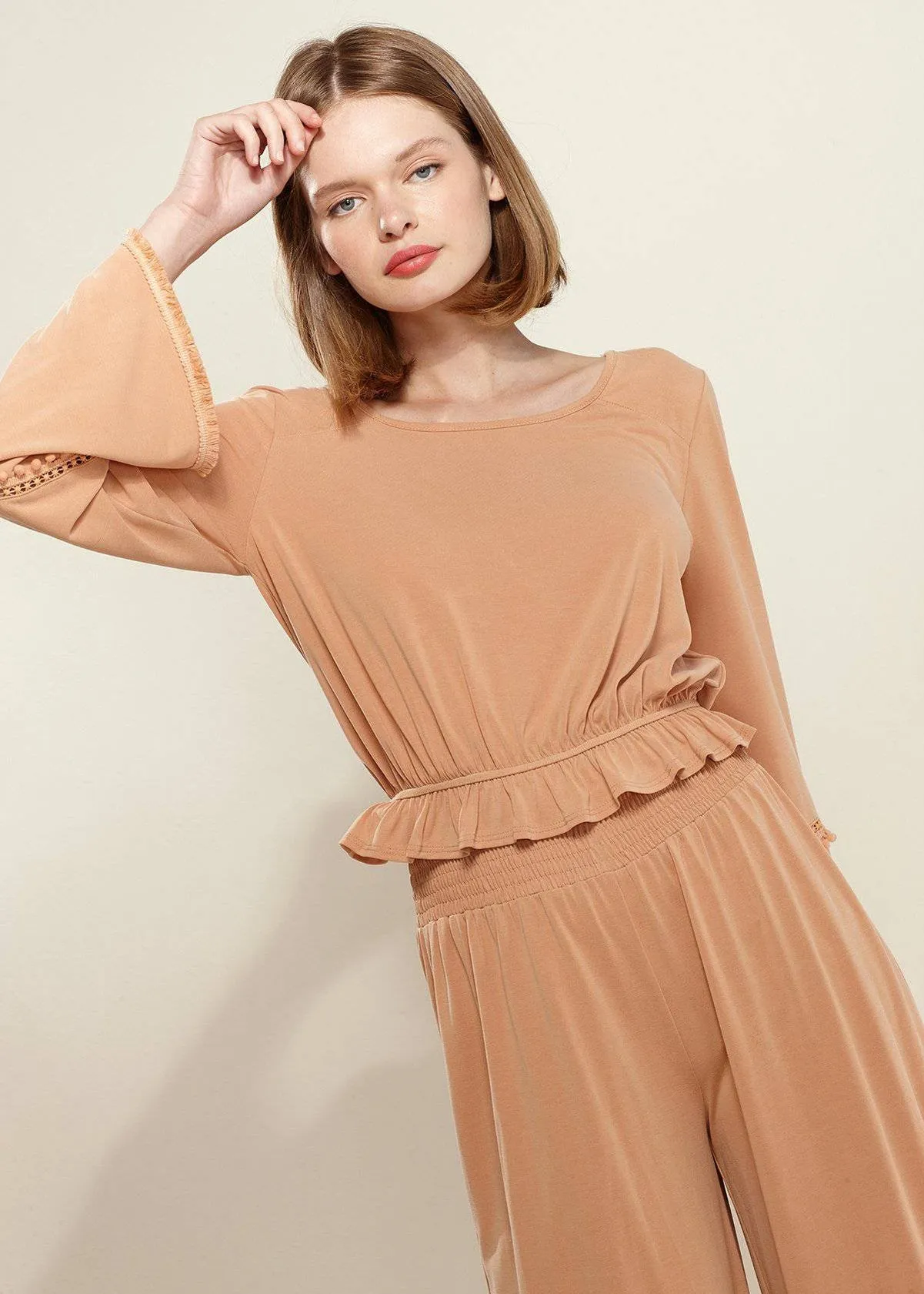 Women's Smocked Waist Wide Leg Palazzo Pants in Apricot
