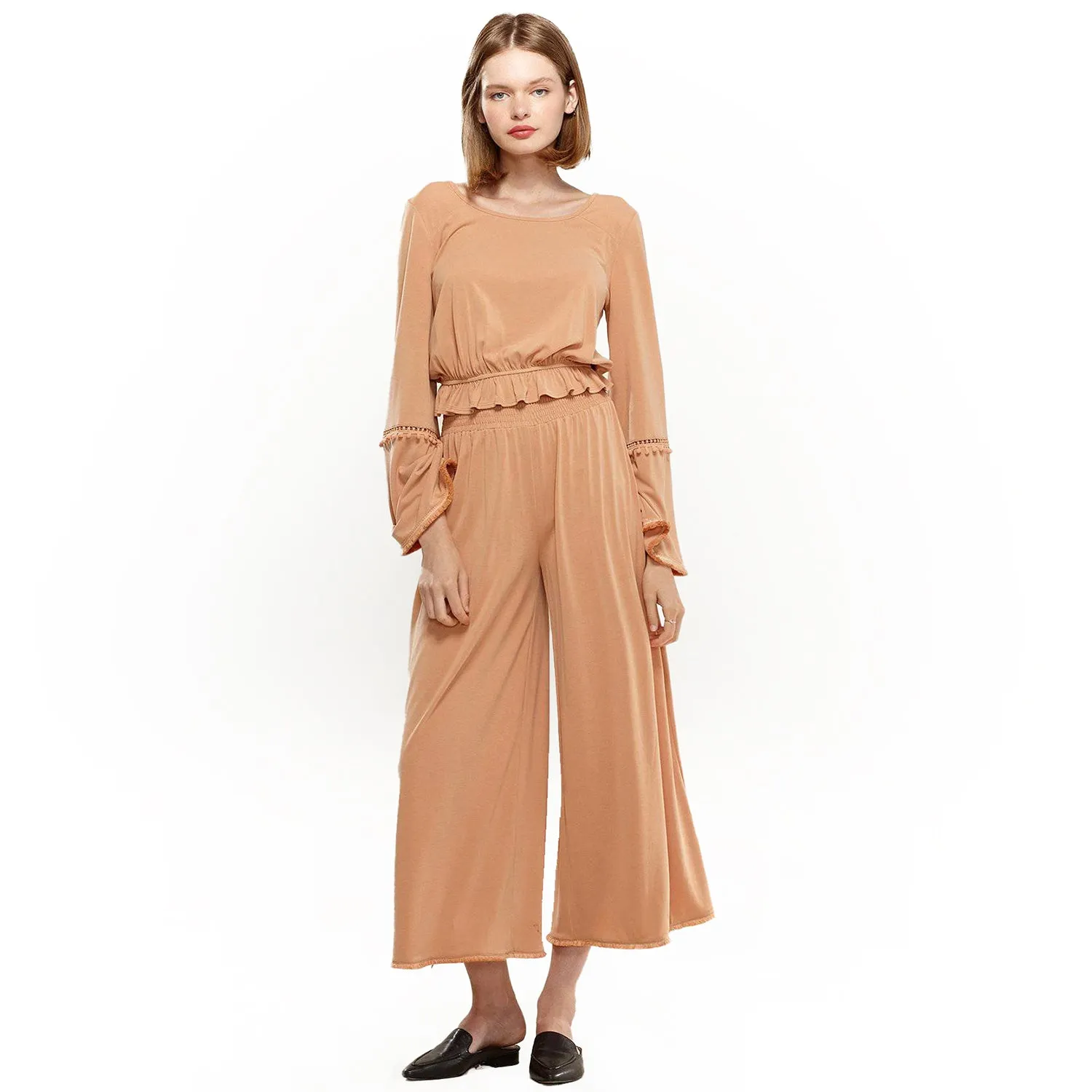 Women's Smocked Waist Wide Leg Palazzo Pants in Apricot